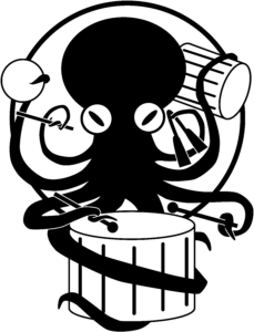 Sambatallion logo - Octopus playing multiple drums and bells